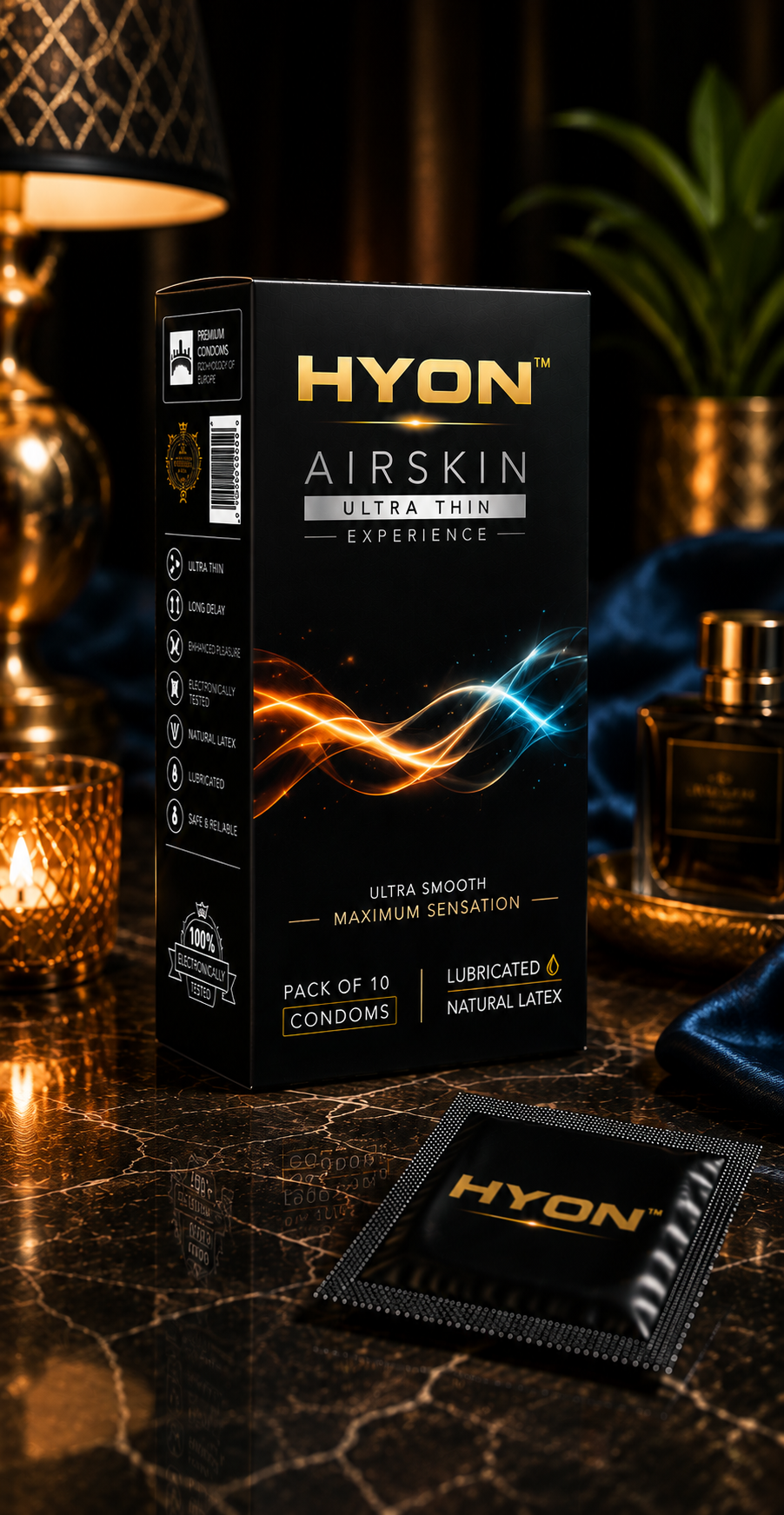 HYON AirSkin Ultra Thin Condoms for Men | Thin Natural Feel Condom | Smooth & Comfortable | Pack of 10 Condoms